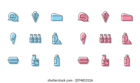 Set line Butter in a butter dish, Bottle milk and glass, Udder, Whipped cream bottle, with, Ice waffle cone and  icon. Vector