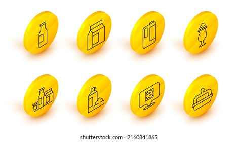 Set line Butter in a butter dish, Cheese, Whipped cream bottle, Milk product, Milkshake, plastic, Paper package for milk and Bottle with icon. Vector