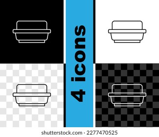 Set line Butter in butter dish icon isolated black   white  transparent background  Butter brick plate  Milk based product  Natural dairy product   Vector