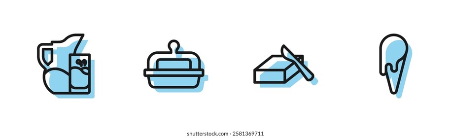 Set line Butter in a butter dish, Milk jug or pitcher and glass,  and Ice cream waffle cone icon. Vector