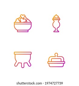 Set line Butter in a butter dish, Udder, Cottage cheese and Milkshake. Gradient color icons. Vector