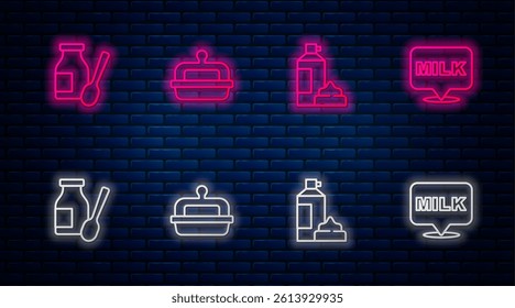 Set line Butter in a butter dish, Whipped cream bottle, Drinking yogurt and Lettering milk. Glowing neon icon on brick wall. Vector