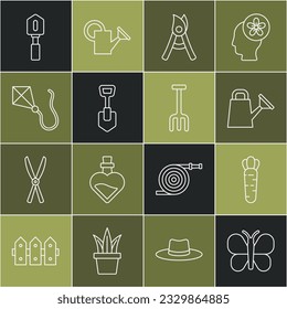 Set line Butterfly, Carrot, Watering can, Gardening handmade scissors, Shovel, Kite,  and rake icon. Vector