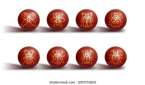 Set line Butterfly, Chafer beetle, Ladybug, Beetle, Mite, Insect, deer and  icon. Vector