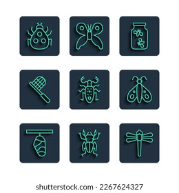 Set line Butterfly cocoon, Beetle deer, Dragonfly, Fireflies bugs in jar, net, Ladybug and  icon. Vector