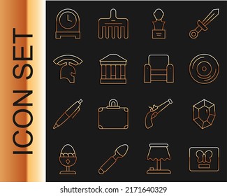 Fijar la línea Mariposa en un marco, Gem stone, Vinyl disk, Gypsum head escultura buust, Museo Building, casco del ejército romano, reloj de antigüedades e icono de sillón. Vector