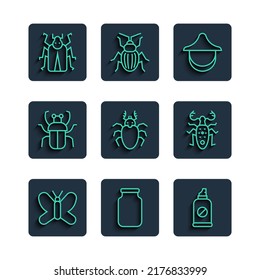 Set line Butterfly, Glass jar, Spray against insects, Beekeeper hat, Beetle deer, Stink bug,  and  icon. Vector