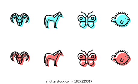 Set line Butterfly, Head of goat or ram, Horse and Puffer fish icon. Vector