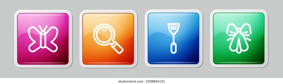 Set line Butterfly, Magnifying glass, Fly swatter and Clothes moth. Colorful square button. Vector