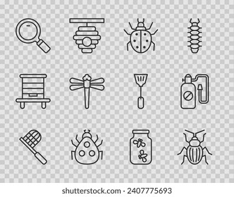 Set line Butterfly net, Chafer beetle, Mite, Ladybug, Magnifying glass, Dragonfly, Fireflies bugs jar and Pressure sprayer icon. Vector