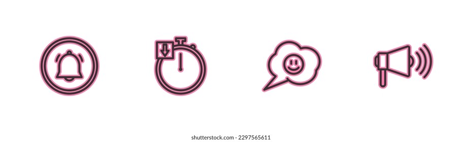 Set line Button chat notification, Speech bubble with smile face, Stopwatch and Megaphone icon. Vector