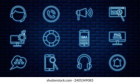 Set line Button chat notification, Monitor with FAQ information, Megaphone, Lifebuoy, Computer monitor service, Man headset, Mobile Question and Exclamation and Phone call icon. Vector