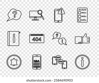 Set line Button chat notification, Information, Mobile with exclamation mark, Question and Exclamation, Speech bubble, Page 404 error, Chat messages mobile and Hand thumb up icon. Vector