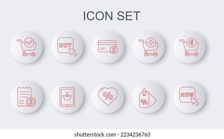 Set line Button with text New, Paper check and financial check, Credit card dollar, Discount percent tag, Shopping cart mark, Buy button, basket tablet and heart icon. Vector