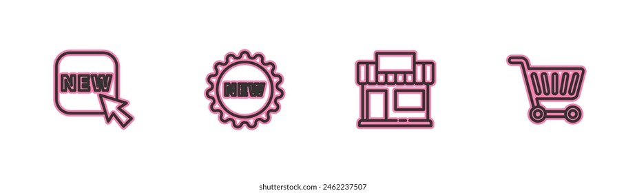 Set line Button with text New, Shopping building or market store, Price tag and cart icon. Vector