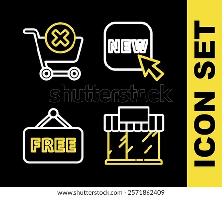 Set line Button with text New, Shopping building or market store, Price tag Free and Remove shopping cart icon. Vector