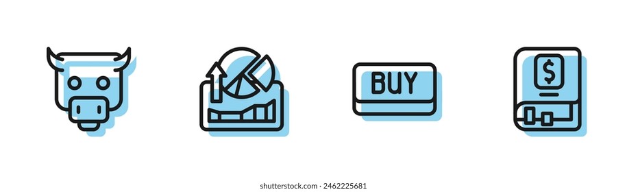 Set line Buy button, Bull market, Stocks growth graphs and Financial book icon. Vector