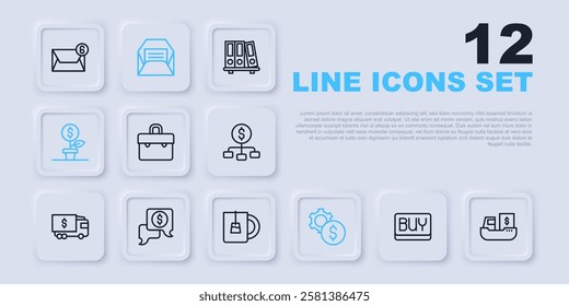 Set line Buy button, Cargo ship with boxes delivery, Briefcase, Gear dollar symbol, Dollar plant, Business negotiations, Envelope and Cup of tea icon. Vector