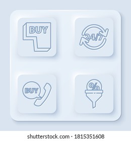 Set line Buy button, Clock 24 hours, Phone and speech bubble with Buy and Lead management. White square button. Vector