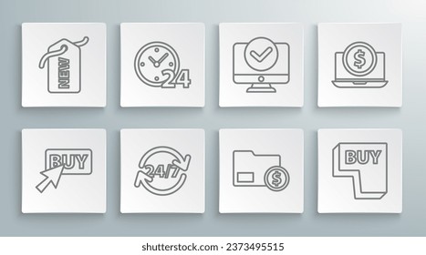 Set line Buy button, Clock 24 hours, Envelope with coin dollar, Computer monitor, Laptop and Price tag New icon. Vector