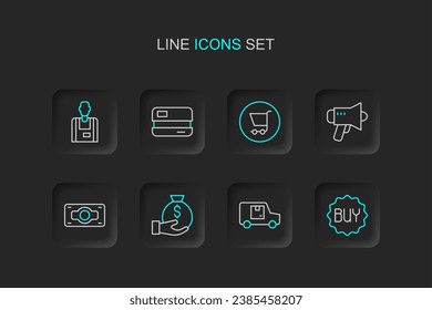 Set line Buy button, Delivery cargo truck, Money bag, Stacks paper money cash, Megaphone, Shopping cart, Credit card and Seller icon. Vector