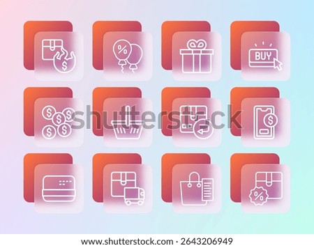Set line Buy button, Delivery cargo truck, Return cardboard box, Shopping list, basket, Gift, Hot price and Discount percent tag icon. Vector