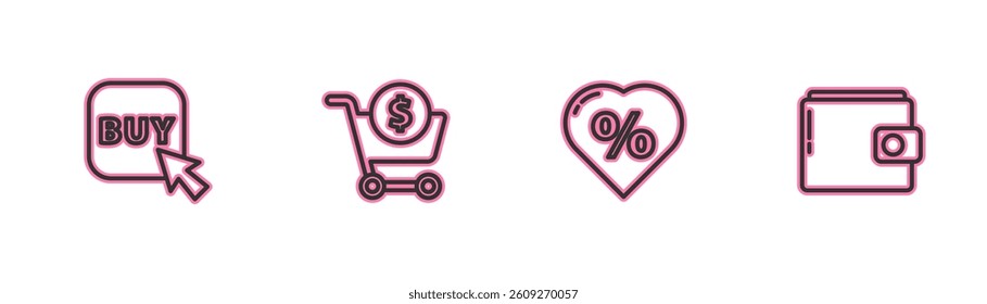 Set line Buy button, Discount percent tag in heart, Shopping cart and dollar and Wallet icon. Vector