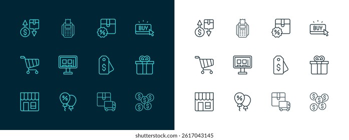 Set line Buy button, Discount percent tag, Price with dollar, Delivery cargo truck, Online shopping screen, Cardboard box discount, Tax cardboard and POS terminal icon. Vector