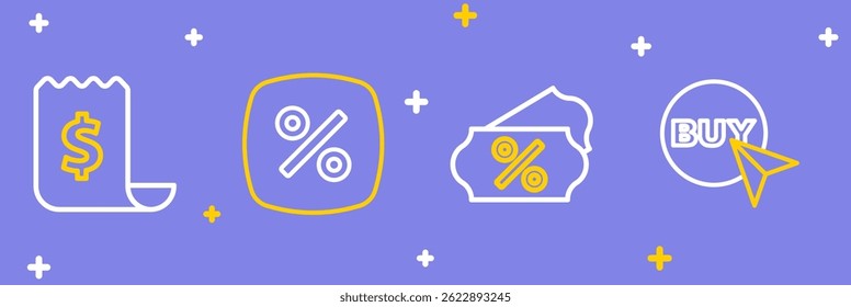 Set line Buy button, Discount percent tag,  and Paper check and financial check icon. Vector