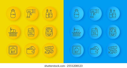 Set line Buy button, Electronic scales for product, Bottle of olive oil, Candy, Meat packaging steak, Spice can, Whiskey bottle and Scanner scanning bar code icon. Vector