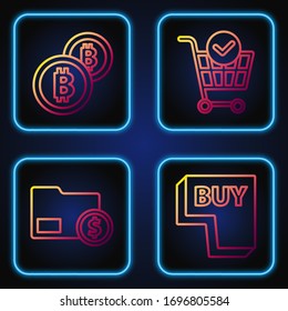 Set line Buy button, Envelope with coin dollar, Cryptocurrency coin Bitcoin and Shopping cart with check mark. Gradient color icons. Vector