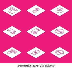 Set line Buy button, Hand holding coin, Business man planning mind, Envelope with dollar, Smartphone, Clock 24 hours,  and Percent discount mobile icon. Vector
