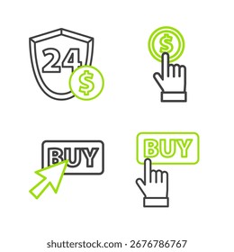 Set line Buy button, Hand holding coin and Shield with dollar icon. Vector