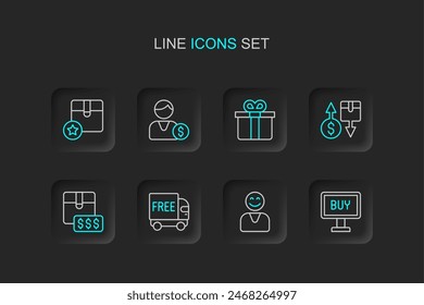 Set line Buy button, Happy customer, Free delivery service, Item price tag with dollar, Tax cardboard box, Gift, Buyer and Carton icon. Vector