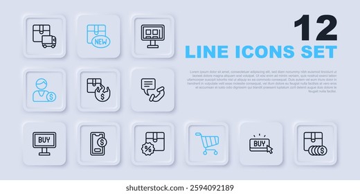 Set line Buy button, Item price tag with dollar, Hot, Shopping cart, Buyer, Mobile, New collection and Cardboard box discount icon. Vector