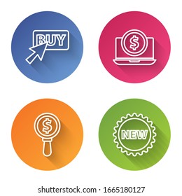 Set line Buy button, Laptop with dollar, Magnifying glass and dollar and Price tag with New. Color circle button. Vector