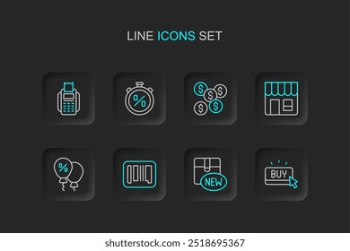 Compre el Botón, la Nueva colección, el código de barras, la etiqueta del porcentaje del descuento, la tienda del mercado, el símbolo del dólar, el descuento del cronómetro y el icono del terminal del punto de venta. Vector