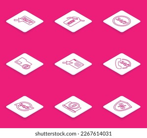 Set line Buy button, Price tag with New, Clock 24 hours, Envelope coin dollar, Online shopping screen, Telephone support,  and Laptop icon. Vector