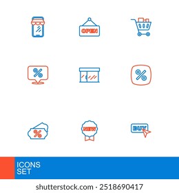 Definir linha botão Comprar, etiqueta de preço com Novo, Percentual de desconto, Loja de mercado, Carrinho de compras e alimentos e Texto de sinal de suspensão Ícone Abrir. Vetor