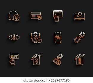 Set line Buy button, Price tag with dollar, Speech bubble, Chain link and coin, New, Shield,  and Percent discount mobile icon. Vector