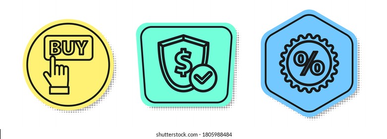 Set line Buy button, Shield with dollar and Discount percent tag. Colored shapes. Vector