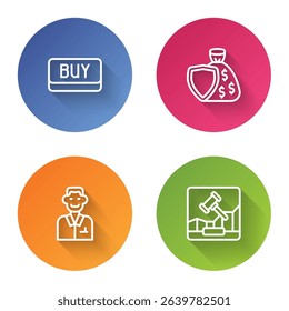 Set line Buy button, Shield and money bag, Trader and Online internet auction. Color circle button. Vector