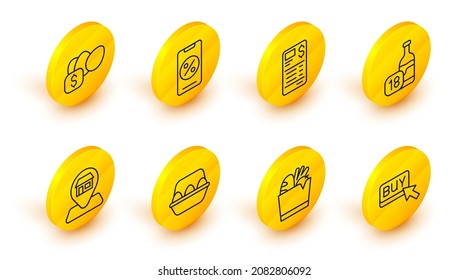 Fijar línea Botón Comprar, Bolsa de compras y comida, Caja de huevos de pollo, Tienda de la Localidad, Botella de vino, Cheque financiero de papel, Descuento por porcentaje móvil y etiqueta de precio para icono. Vector