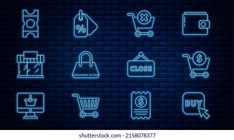 Set line Buy button, Shopping cart and dollar, Remove shopping, Handbag, building or market store, Coupon, Hanging sign with Closed and Discount percent tag icon. Vector