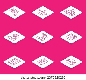 Set line Buy button, Shopping basket, Wooden box for fruits, Location Market store, Price tag fish, and food, Canned and Bottle of olive oil icon. Vector
