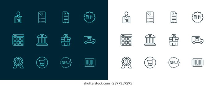 Set line Buy button, Shopping cart, Gift box, Price tag with New, Bank building, Financial check, Seller and list icon. Vector