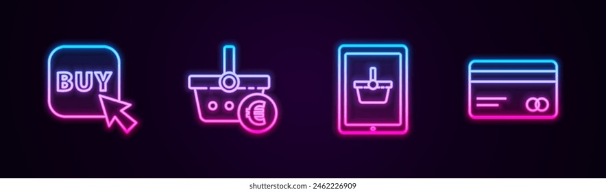 Set line Buy button, Shopping basket and euro, tablet and Credit card. Glowing neon icon. Vector