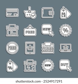 Set line Buy button, Shopping basket laptop, Discount percent tag, Wallet, Price with text Free, building or market store, Credit card and Button New icon. Vector