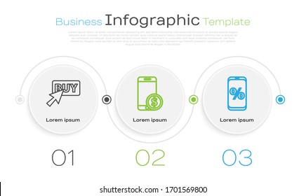 Set line Buy button, Smartphone with dollar and Percent discount and mobile. Business infographic template. Vector