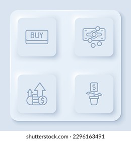 Set line Buy Taste, Stacks Papier Geld Bargeld, Finanzwachstum und Münzen und Dollar Anlage. Weißer Quadrat-Knopf. Vektorgrafik